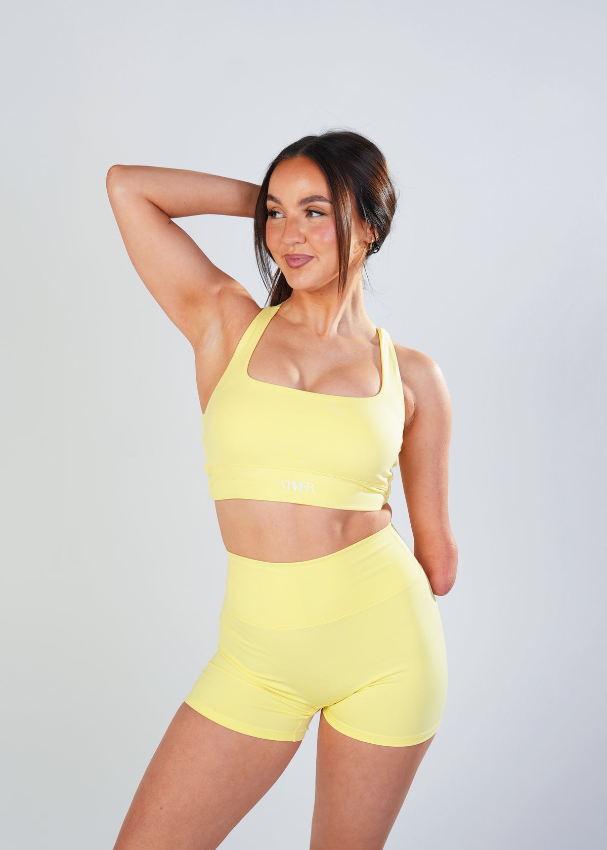 Golden Hour, First Light,  Shorts by Mayier. High rise seamless 10 inch performance shorts, luxe matte finish.